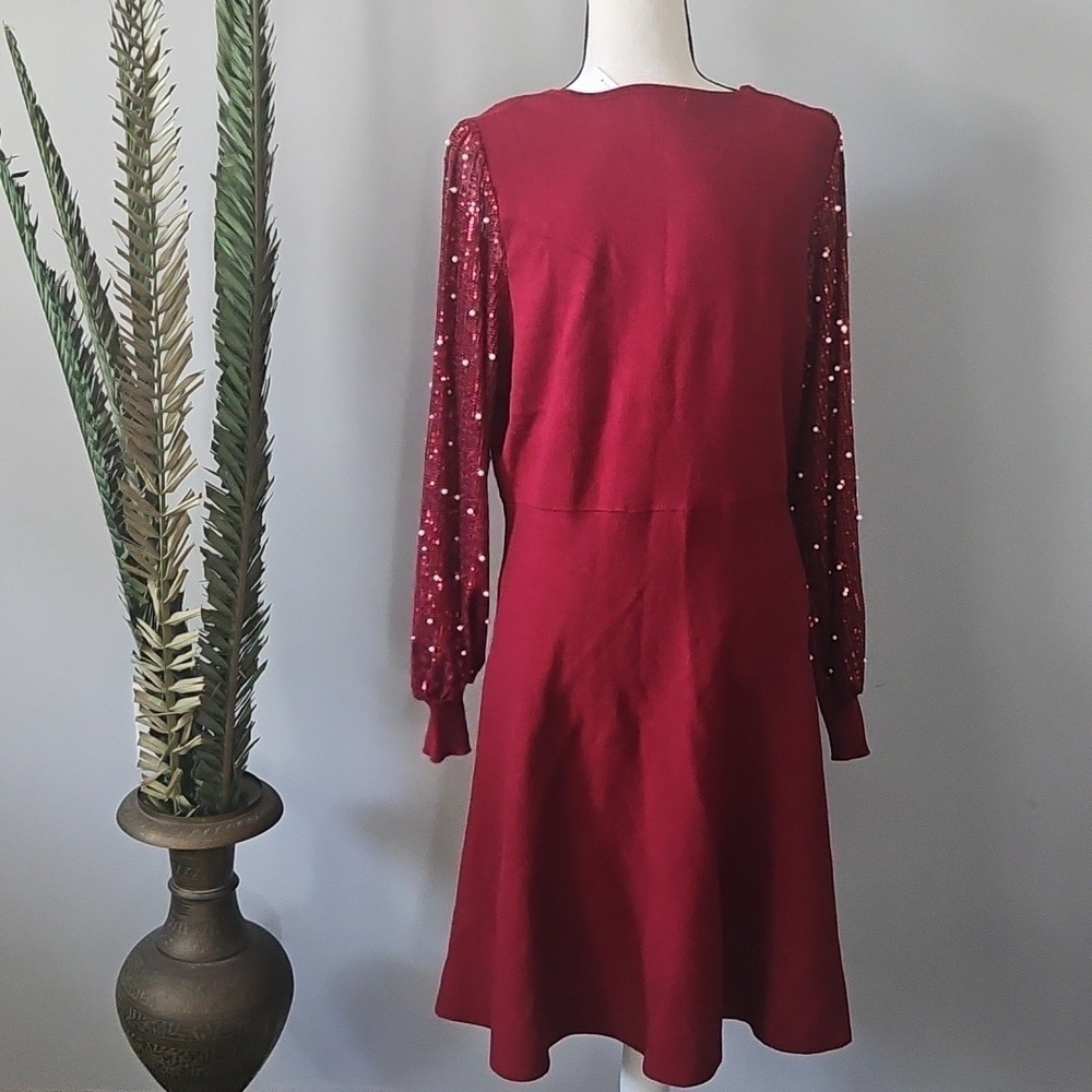 Cato Maroon Sweater Dress with Sequin and Pearl Long Sleeves NWOT - Picture 4 of 15